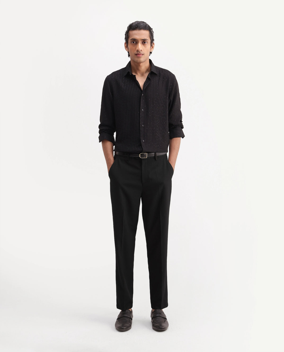 Rare Rabbit Men's Lext Primary Black Polyester Blend Regular Plain Trouser