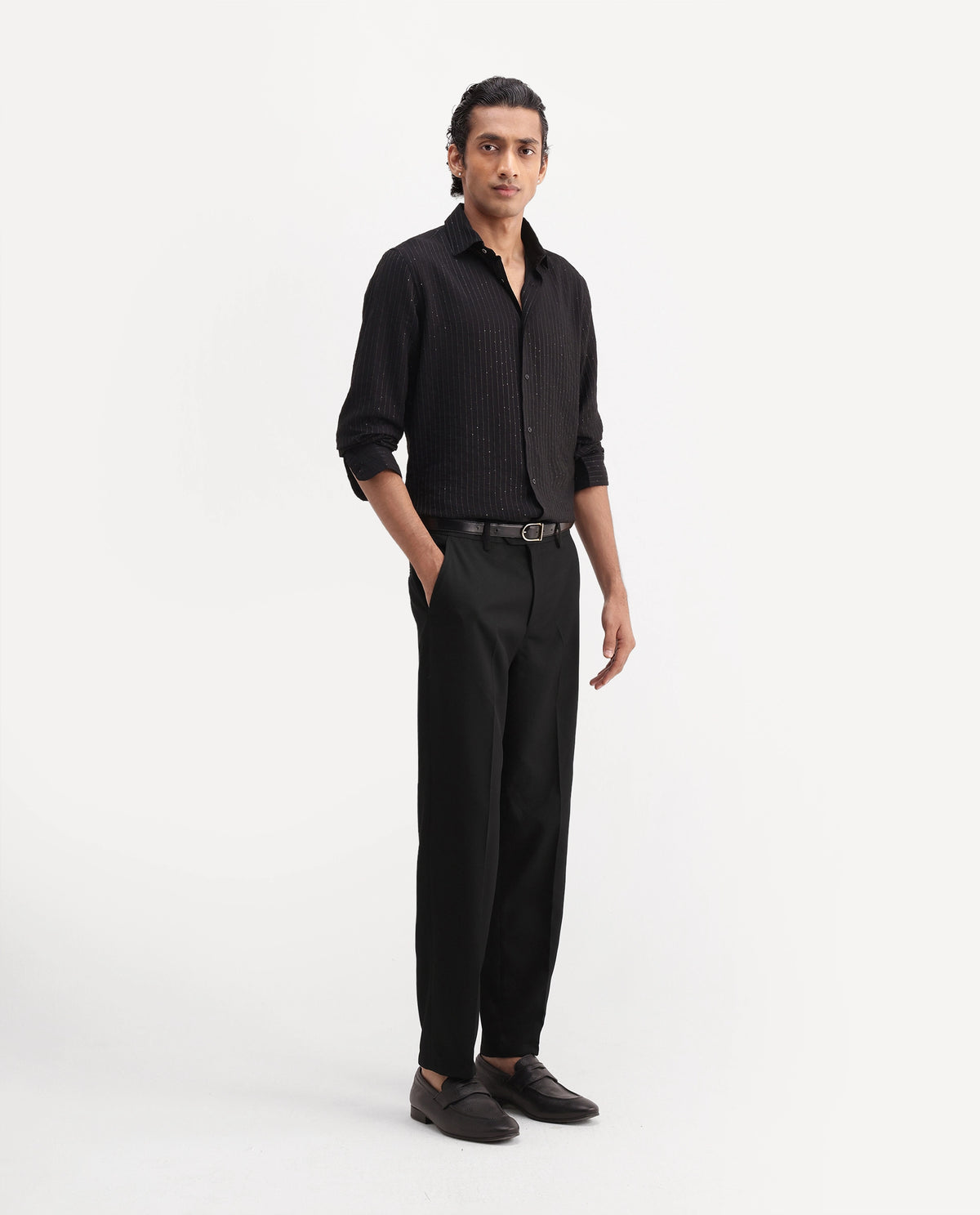 Rare Rabbit Men's Lext Primary Black Polyester Blend Regular Plain Trouser
