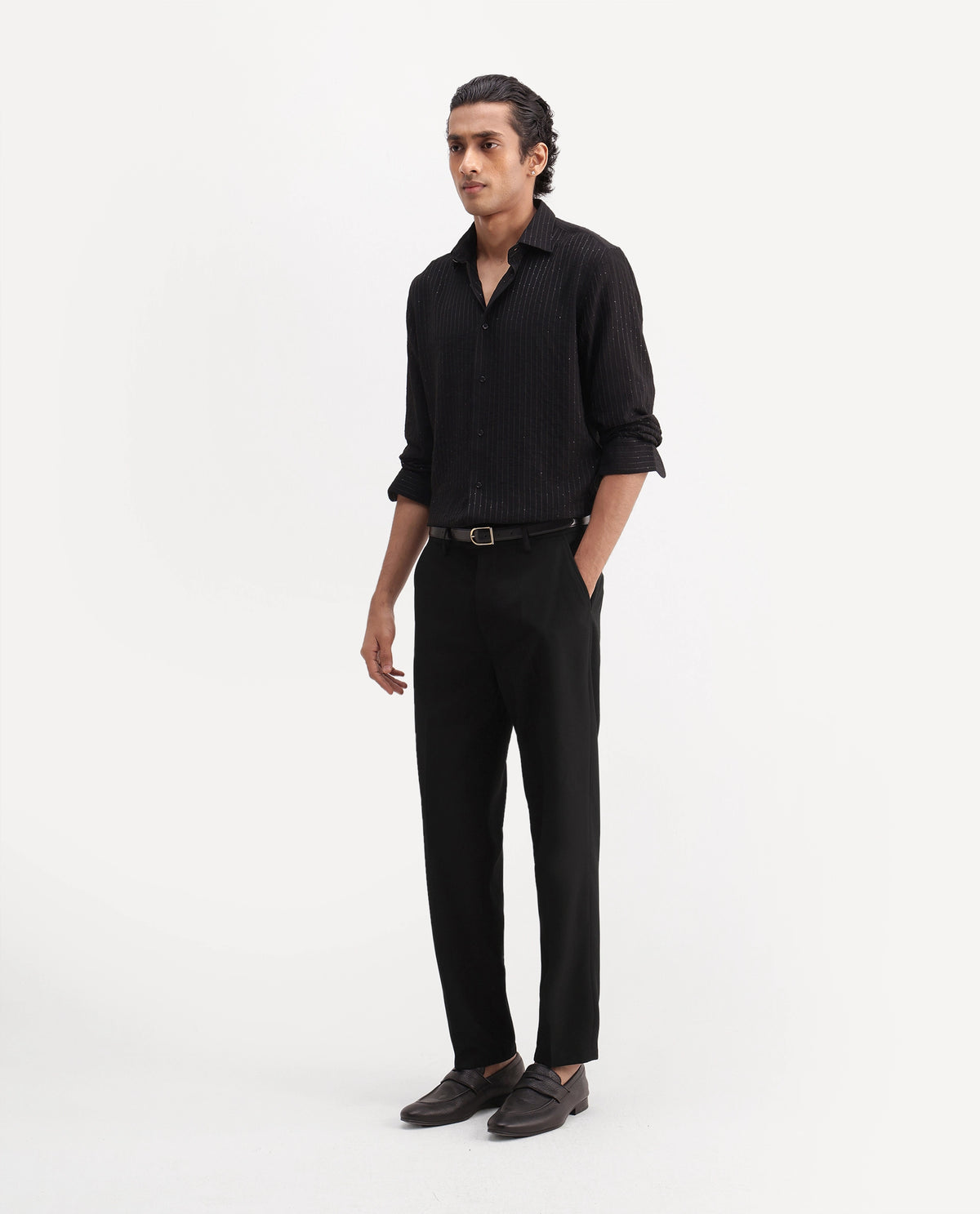 Rare Rabbit Men's Lext Primary Black Polyester Blend Regular Plain Trouser