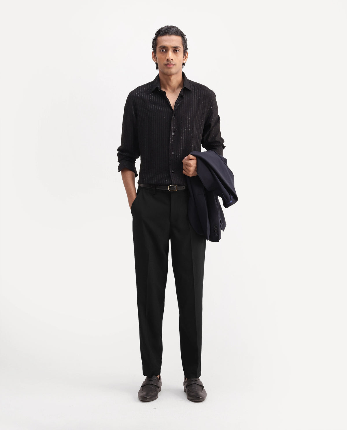 Rare Rabbit Men's Lext Primary Black Polyester Blend Regular Plain Trouser