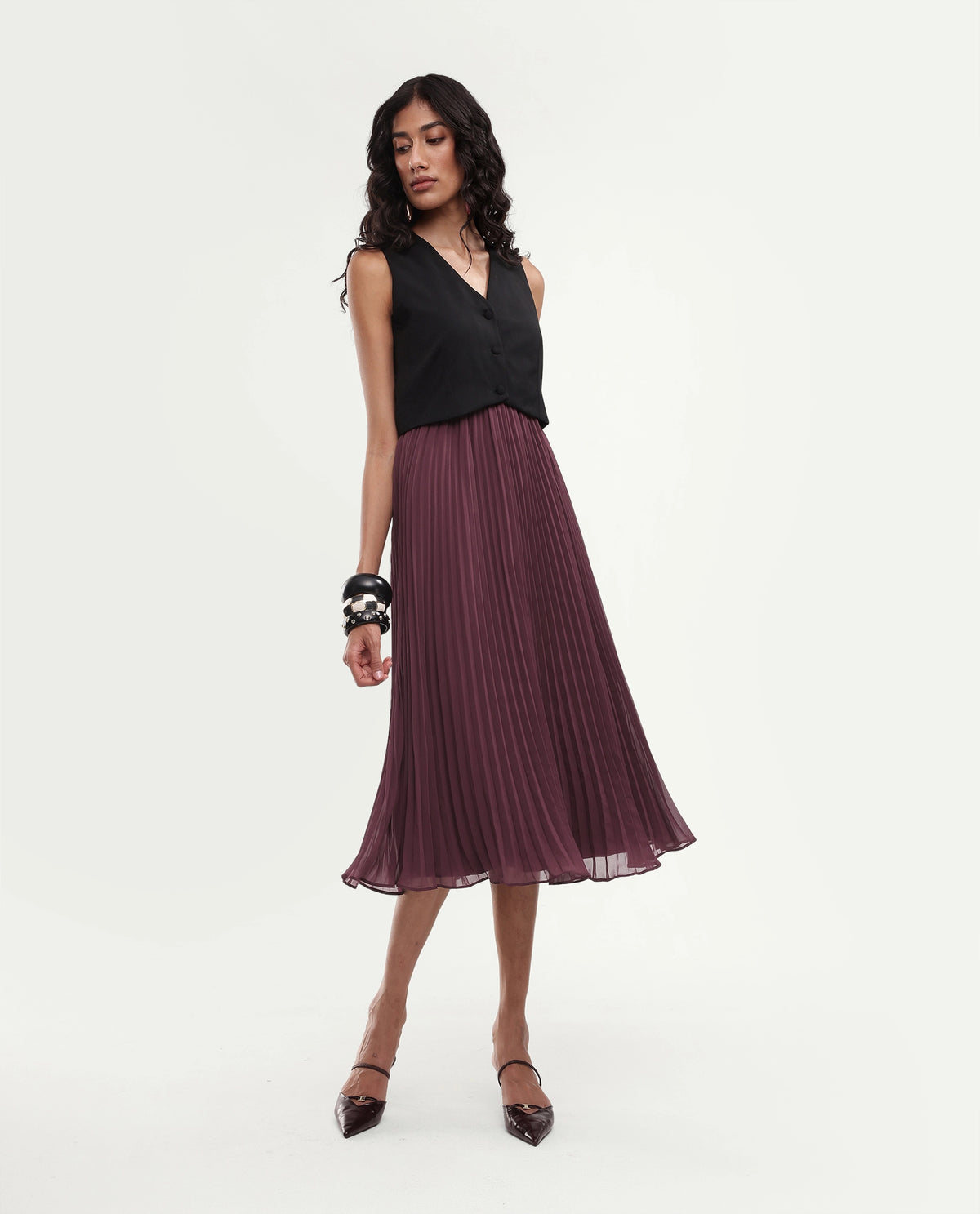 Rareism Women's Wace Primary Maroon Polyester V-Neck Fit And Flare Plain Dress