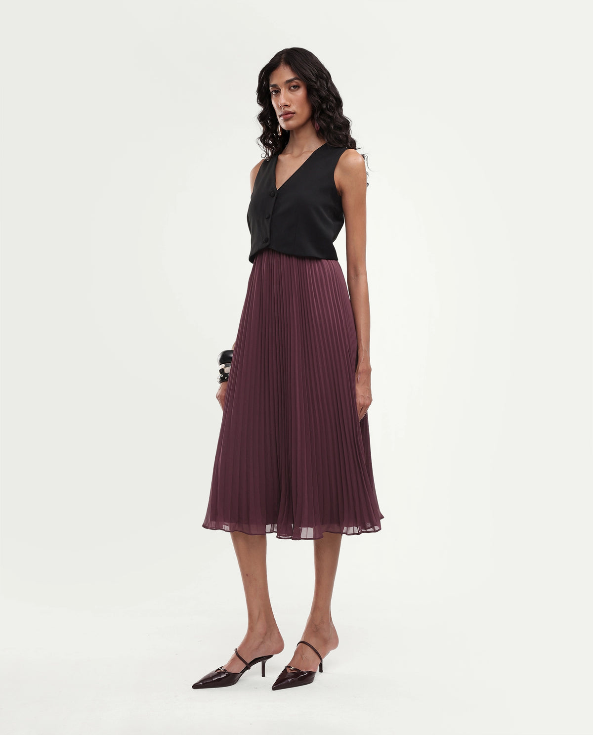 Rareism Women's Wace Primary Maroon Polyester V-Neck Fit And Flare Plain Dress