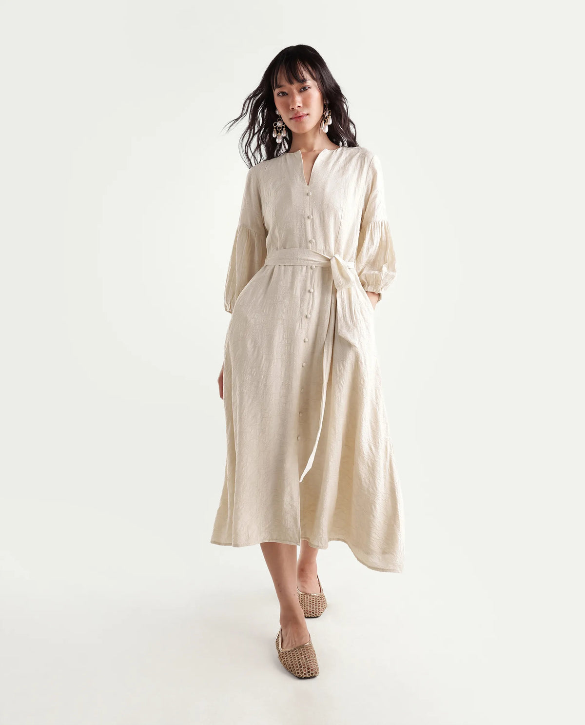 Rareism Women's Fluny Light Beige Viscose Blend V-Neck Fit And Flare Jacquard Dress