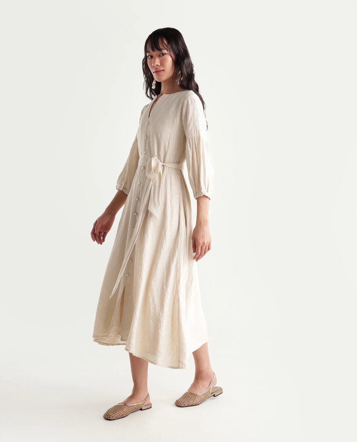 Rareism Women's Fluny Light Beige Viscose Blend V-Neck Fit And Flare Jacquard Dress
