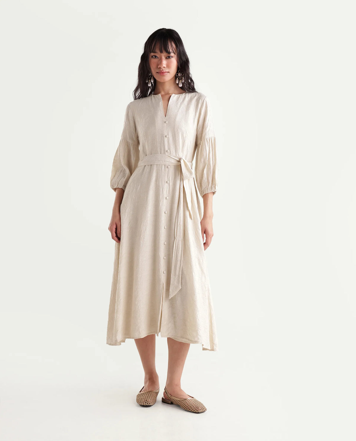 Rareism Women's Fluny Light Beige Viscose Blend V-Neck Fit And Flare Jacquard Dress