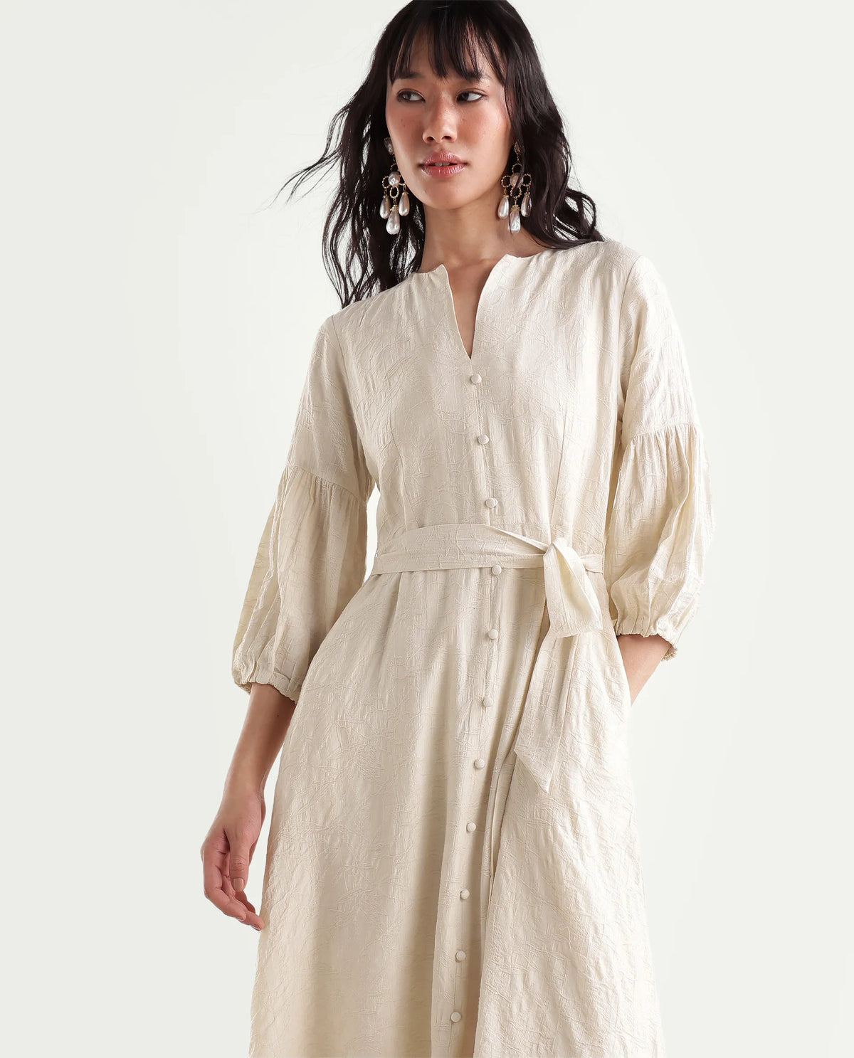 Rareism Women's Fluny Light Beige Viscose Blend V-Neck Fit And Flare Jacquard Dress