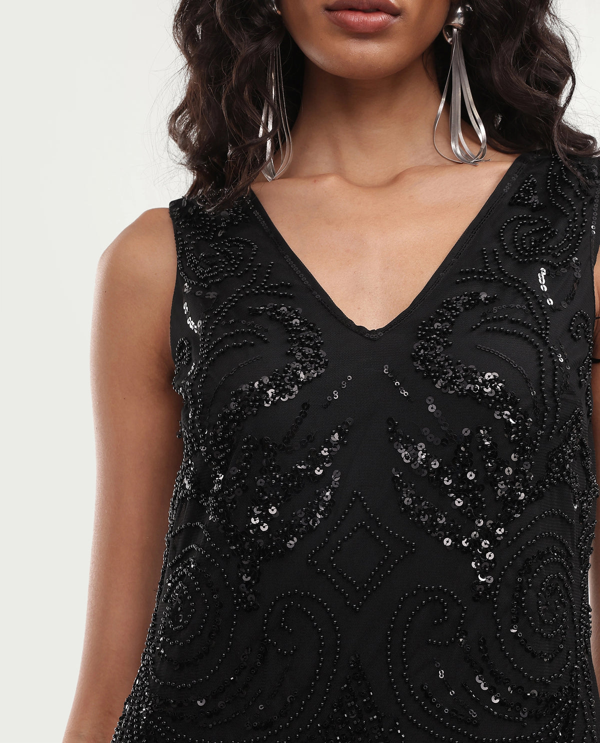 Rareism Women's Gulol Primary Black Polyester V-Neck A-Line Embroidered Dress
