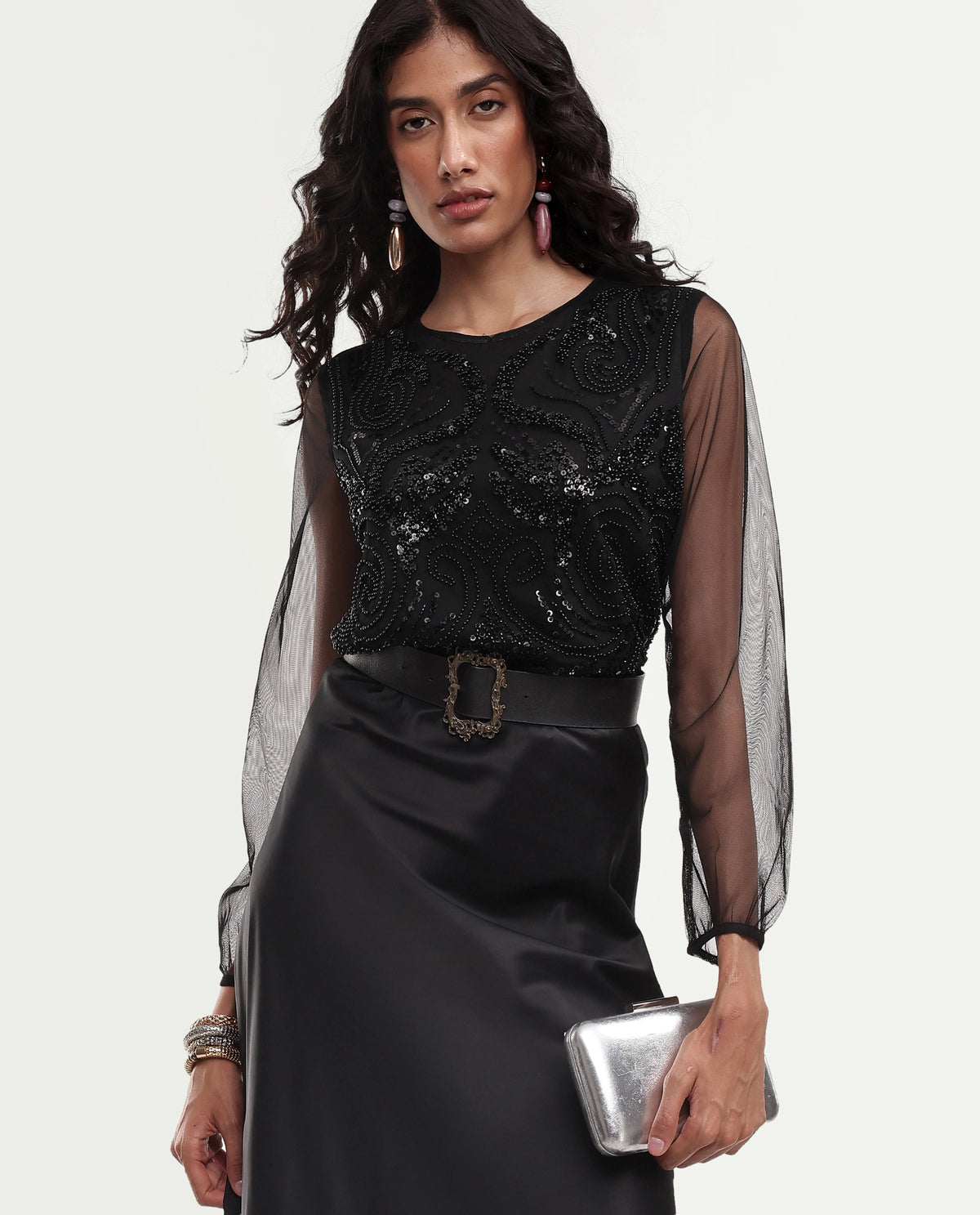 Rareism Women's Gup Primary Black Polyester Relaxed Embroidered Top