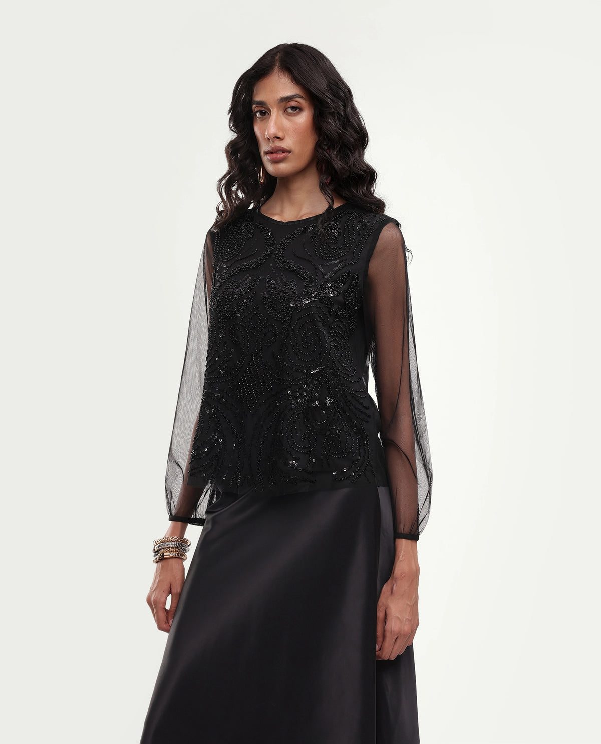 Rareism Women's Gup Primary Black Polyester Relaxed Embroidered Top