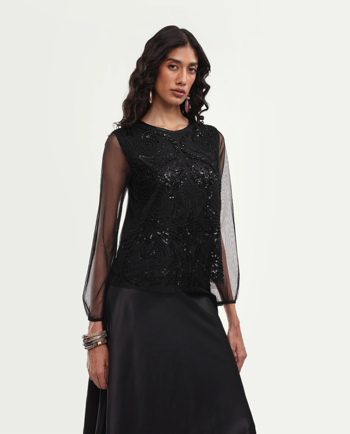 Rareism Women's Gup Primary Black Polyester Relaxed Embroidered Top