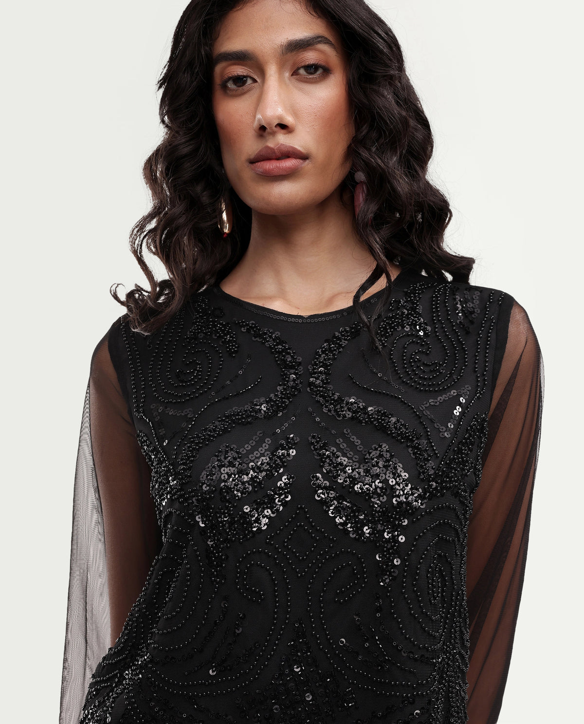 Rareism Women's Gup Primary Black Polyester Relaxed Embroidered Top