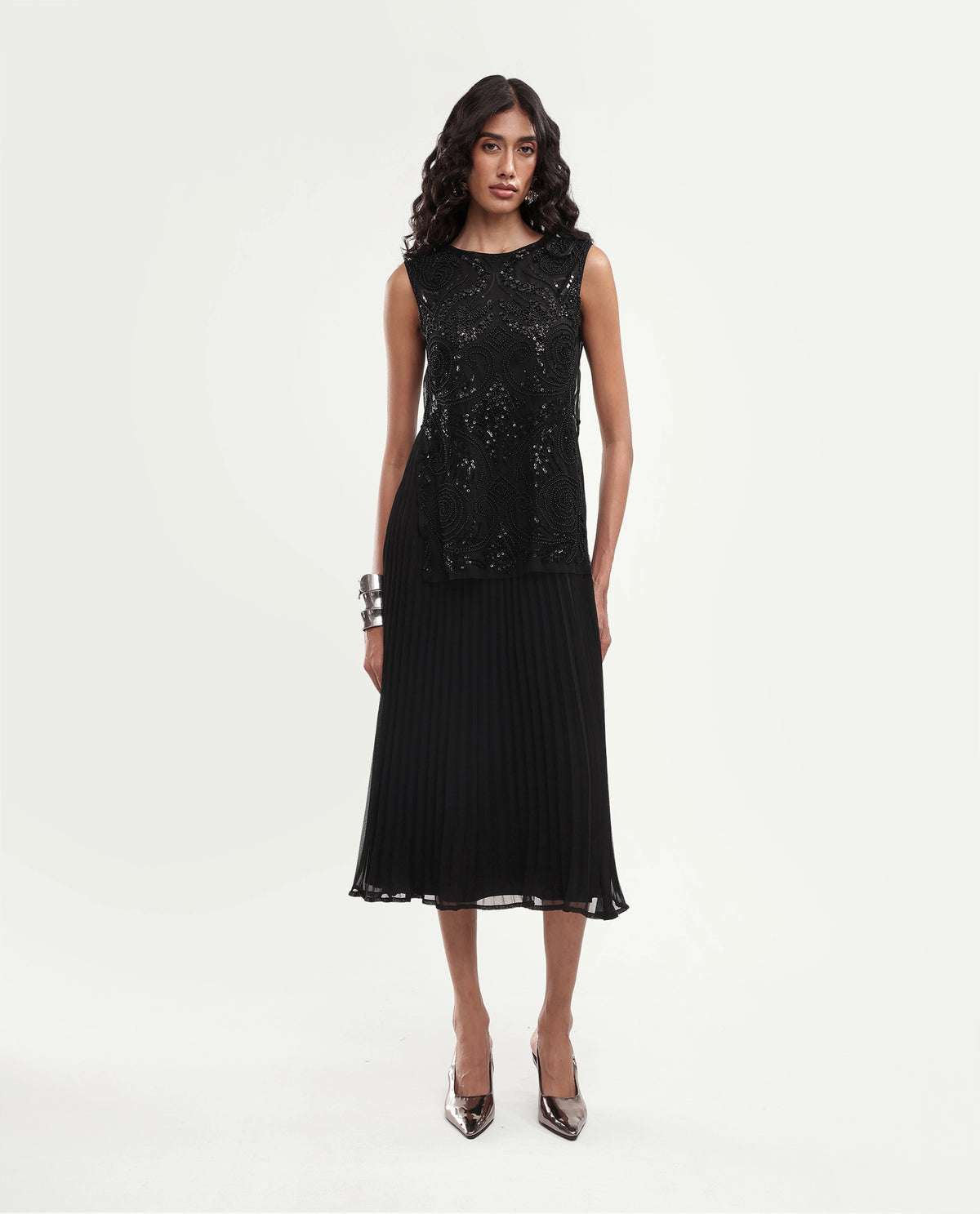 Rareism Women's Gupko Primary Black Polyester Crew Neck Fit And Flare Embroidered Dress