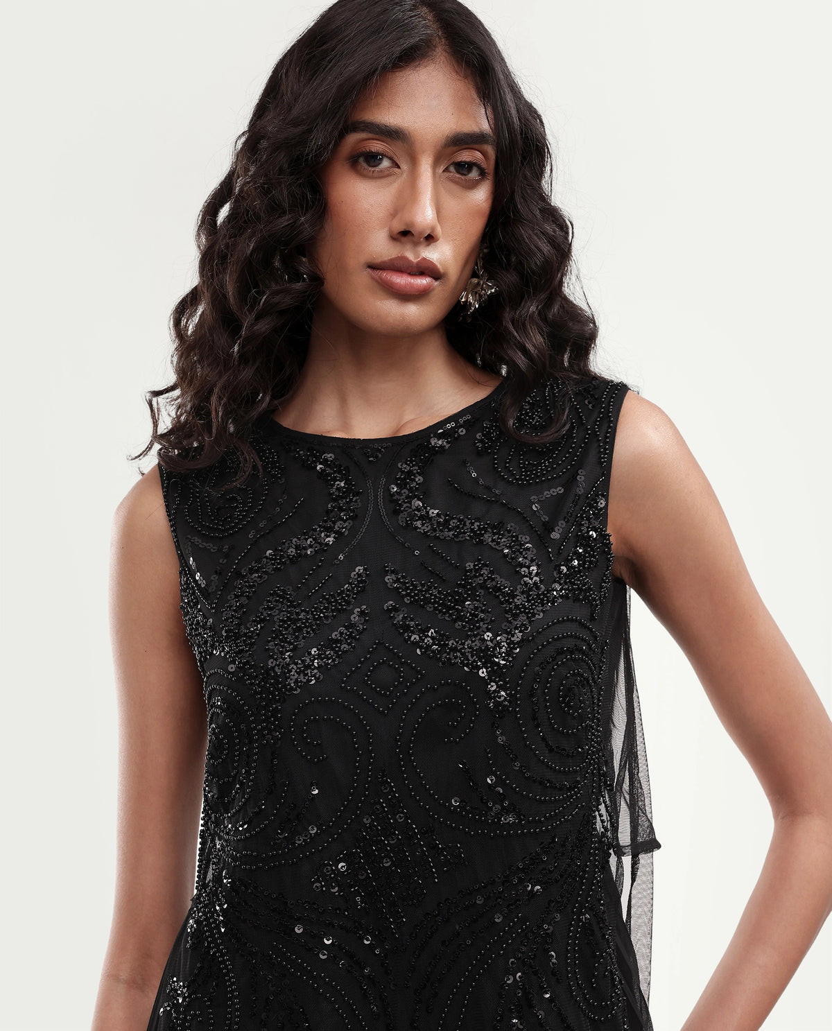 Rareism Women's Gupko Primary Black Polyester Crew Neck Fit And Flare Embroidered Dress