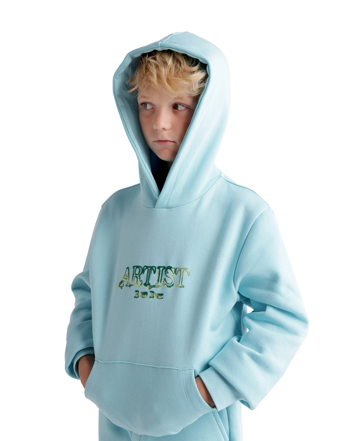 Rare Ones Kids Blane Pastel Blue Cotton Blend Fabric Hooded Pull-On Closure Oversized Fit Flock Print Sweatshirt