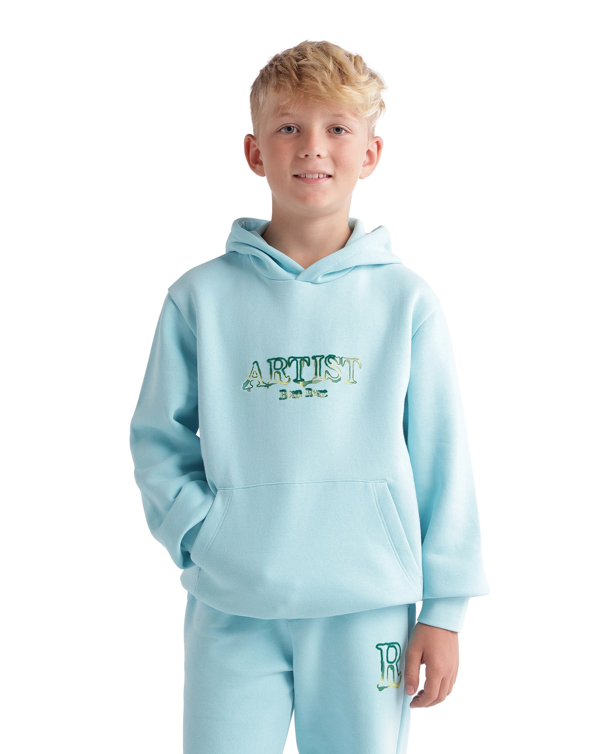 Rare Ones Kids Blane Pastel Blue Cotton Blend Fabric Hooded Pull-On Closure Oversized Fit Flock Print Sweatshirt