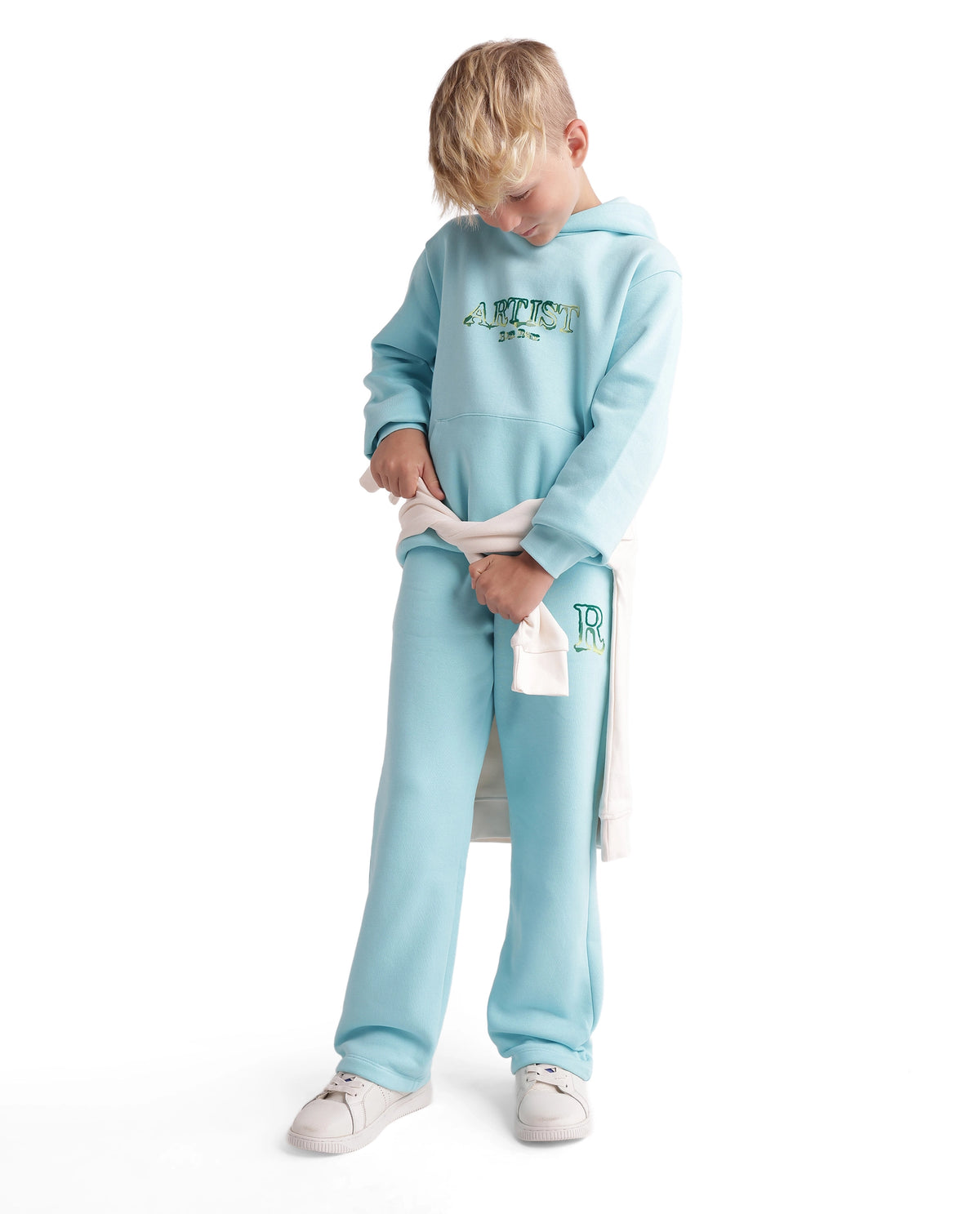 Rare Ones Kids Blane-B Pastel Blue Cotton Blend Fabric Drawstring Closure Straight Fit Flock Print Track Pant