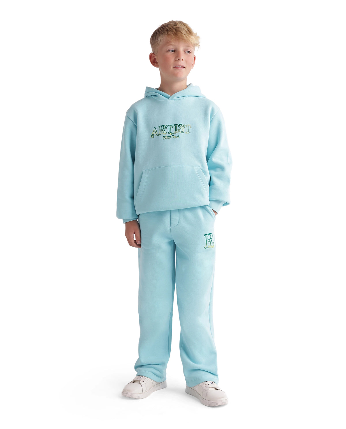 Rare Ones Kids Blane-B Pastel Blue Cotton Blend Fabric Drawstring Closure Straight Fit Flock Print Track Pant