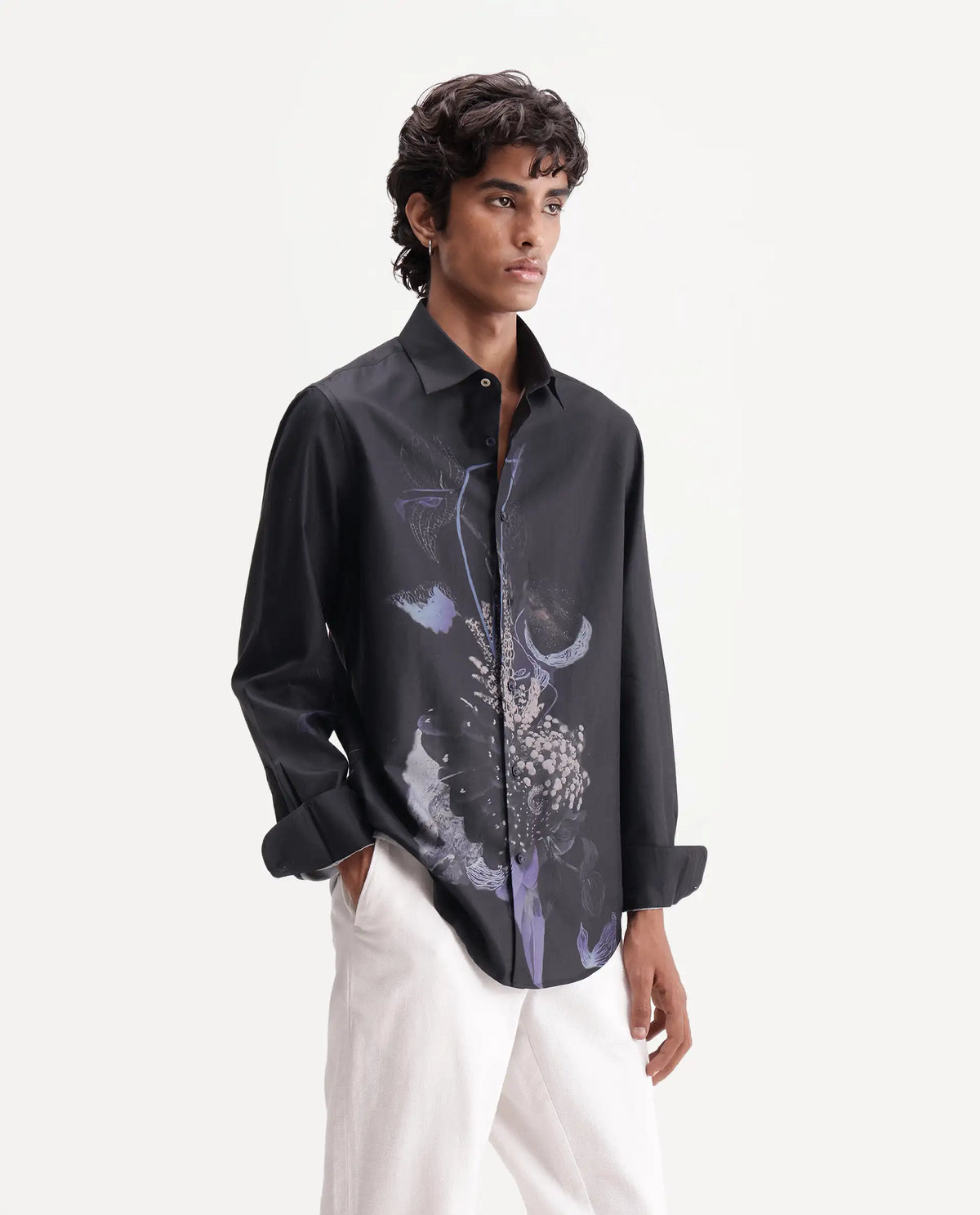 Rare Rabbit Men's Lumo Dark Black Cotton Blend Spread Collar Regular Abstract Print Shirt