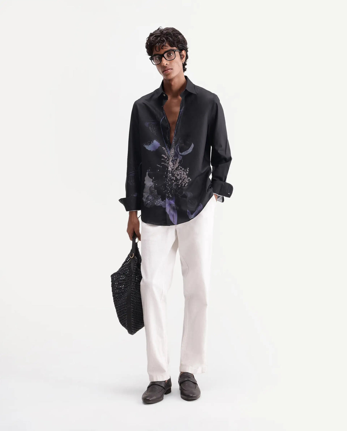 Rare Rabbit Men's Lumo Dark Black Cotton Blend Spread Collar Regular Abstract Print Shirt