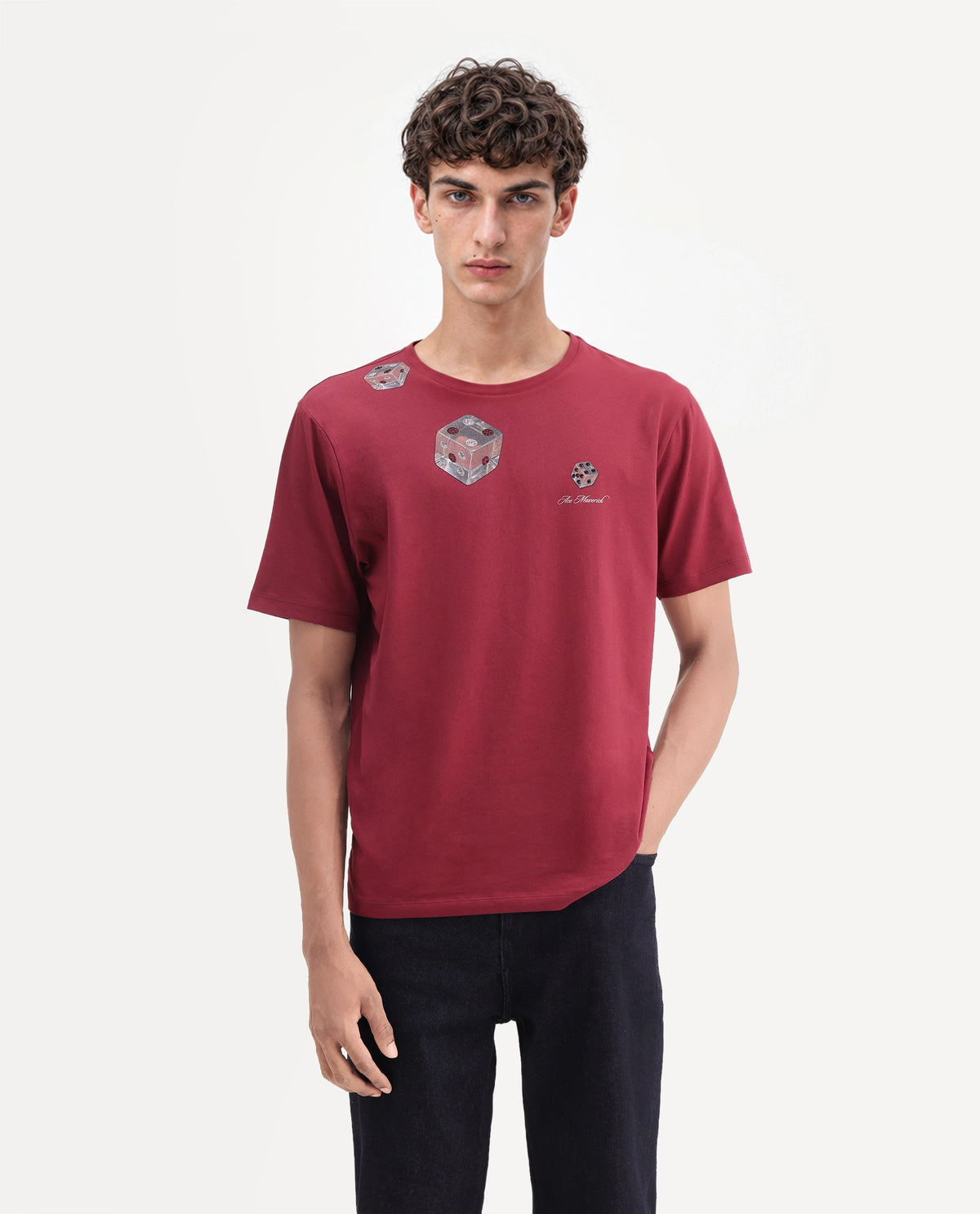 Rare Rabbit Men's Cote Dark Maroon Cotton Blend Crew Neck Regular Graphic Print T-Shirt