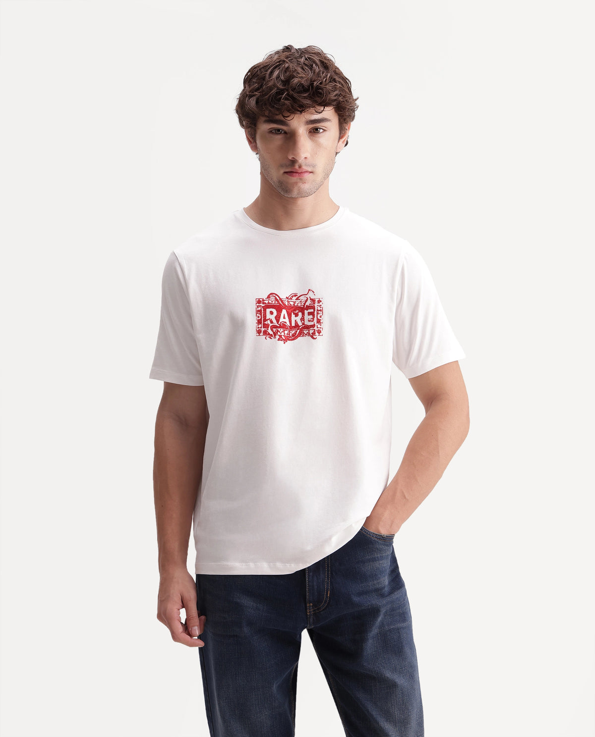 Rare Rabbit Men's Delos Off White Cotton Blend Crew Neck Regular Graphic Print T-Shirt