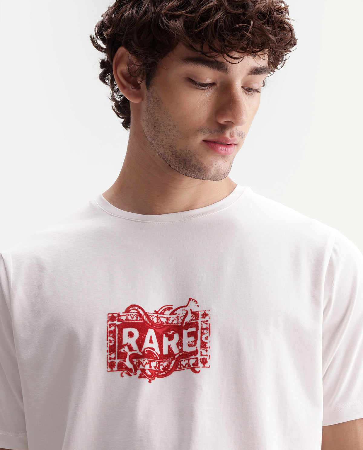 Rare Rabbit Men's Delos Off White Cotton Blend Crew Neck Regular Graphic Print T-Shirt