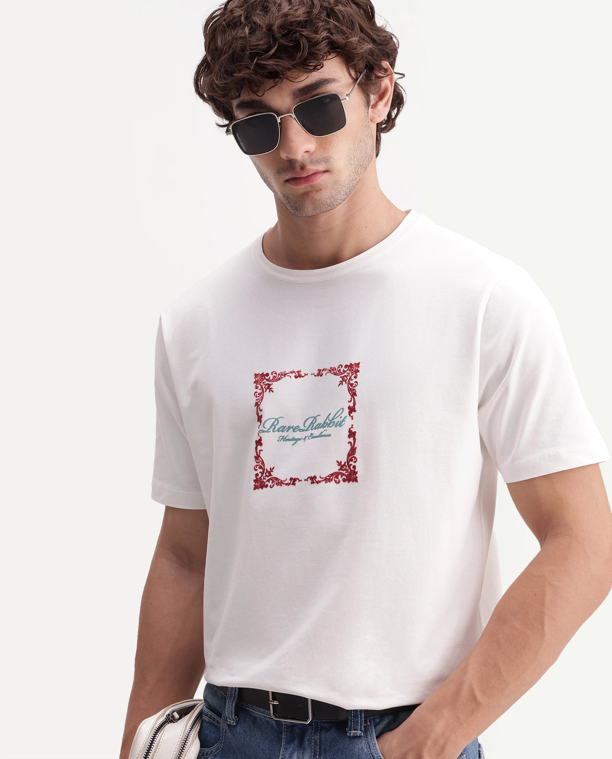 Rare Rabbit Men's Zante Off White Cotton Blend Crew Neck Regular Graphic Print T-Shirt