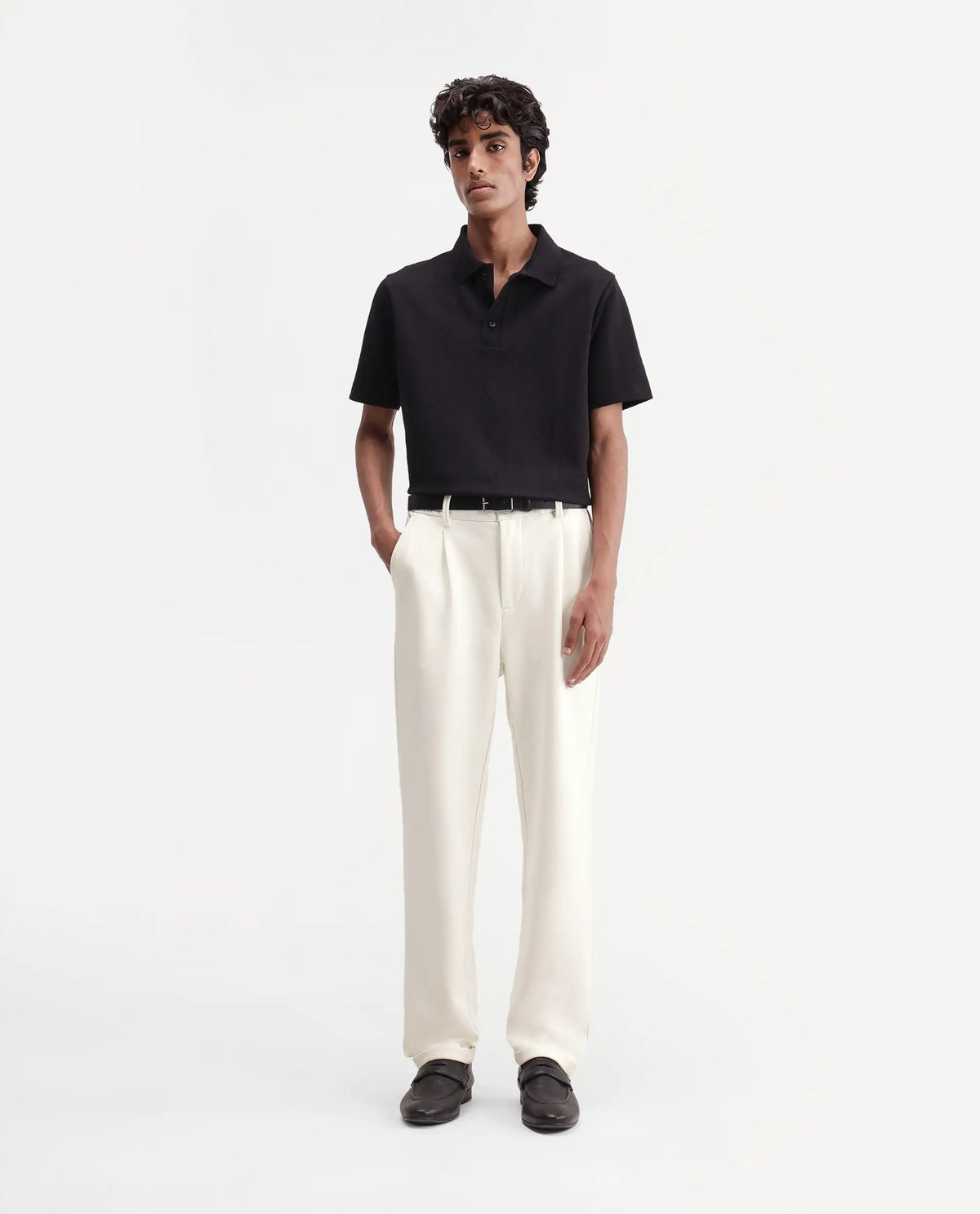 Rare Rabbit Men's Zor Off White Cotton Blend Relaxed Plain Trouser