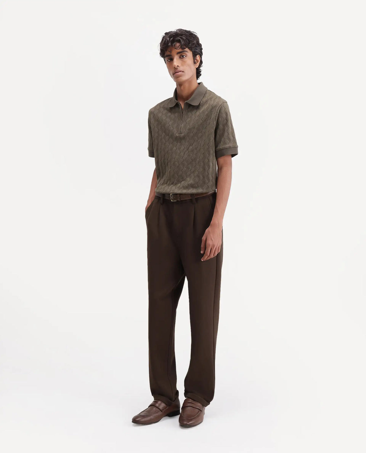 Rare Rabbit Men's Zor Dark Brown Cotton Blend Relaxed Plain Trouser
