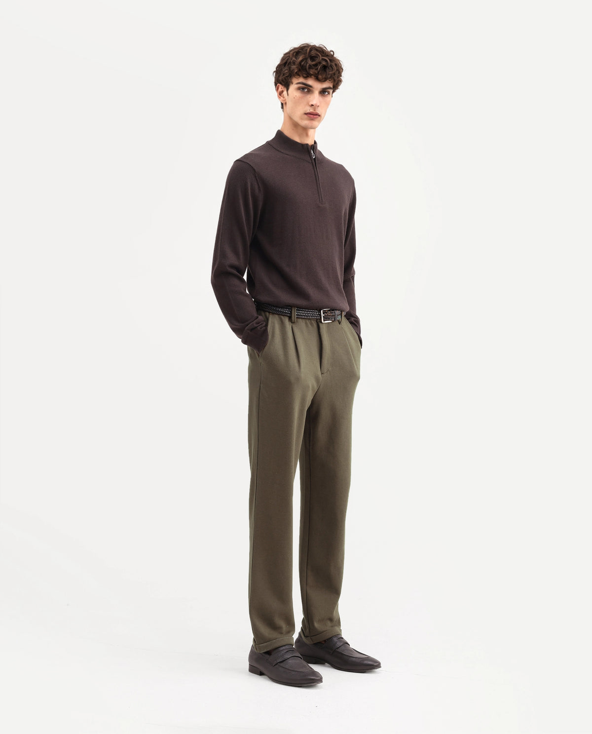 Rare Rabbit Men's Zeko Olive Cotton Blend Straight Plain Trouser