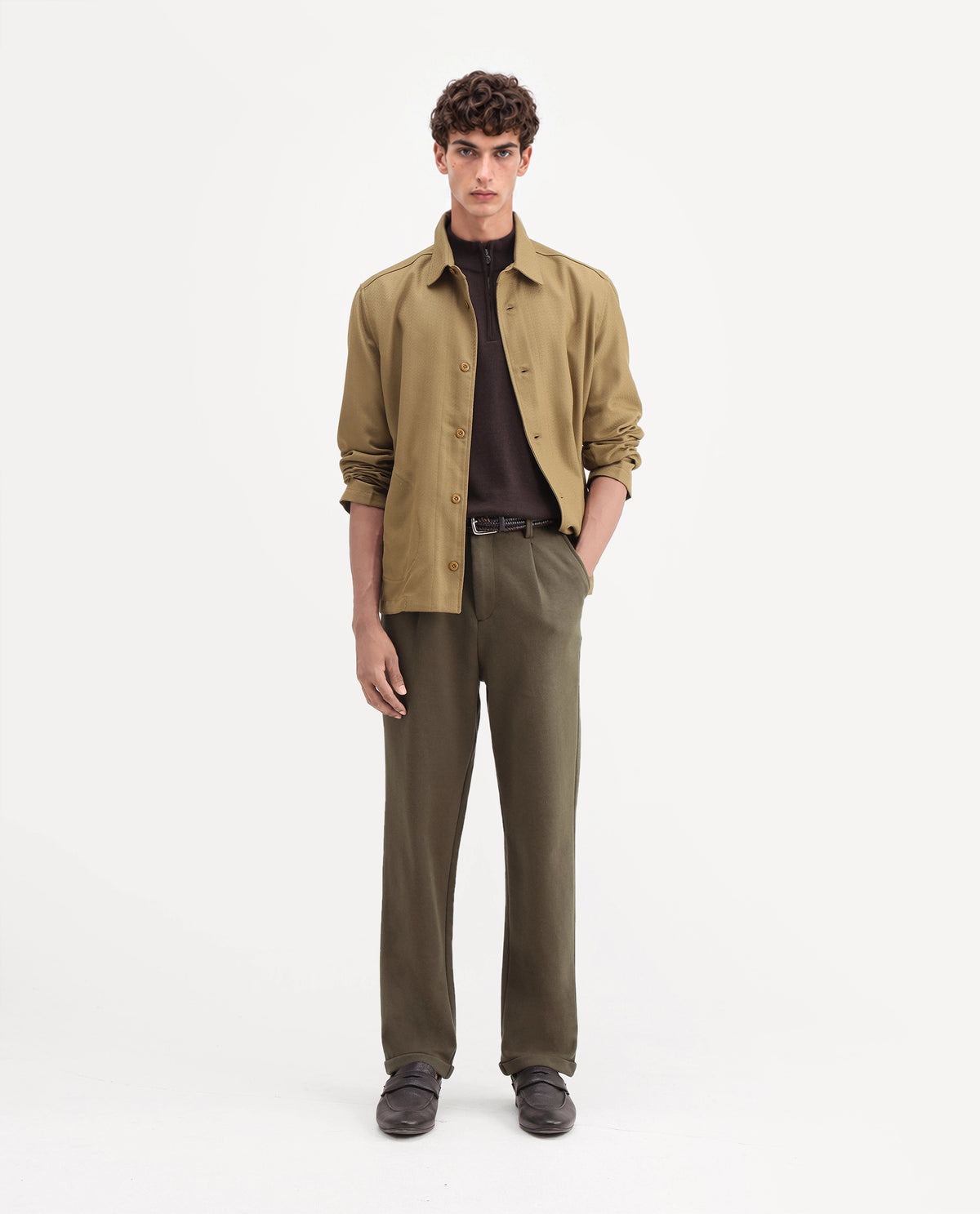 Rare Rabbit Men's Zeko Olive Cotton Blend Straight Plain Trouser