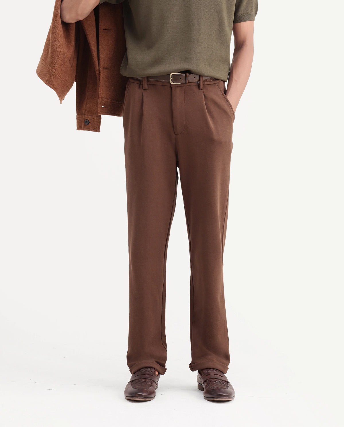 Rare Rabbit Men's Zeko Brown Cotton Blend Straight Plain Trouser