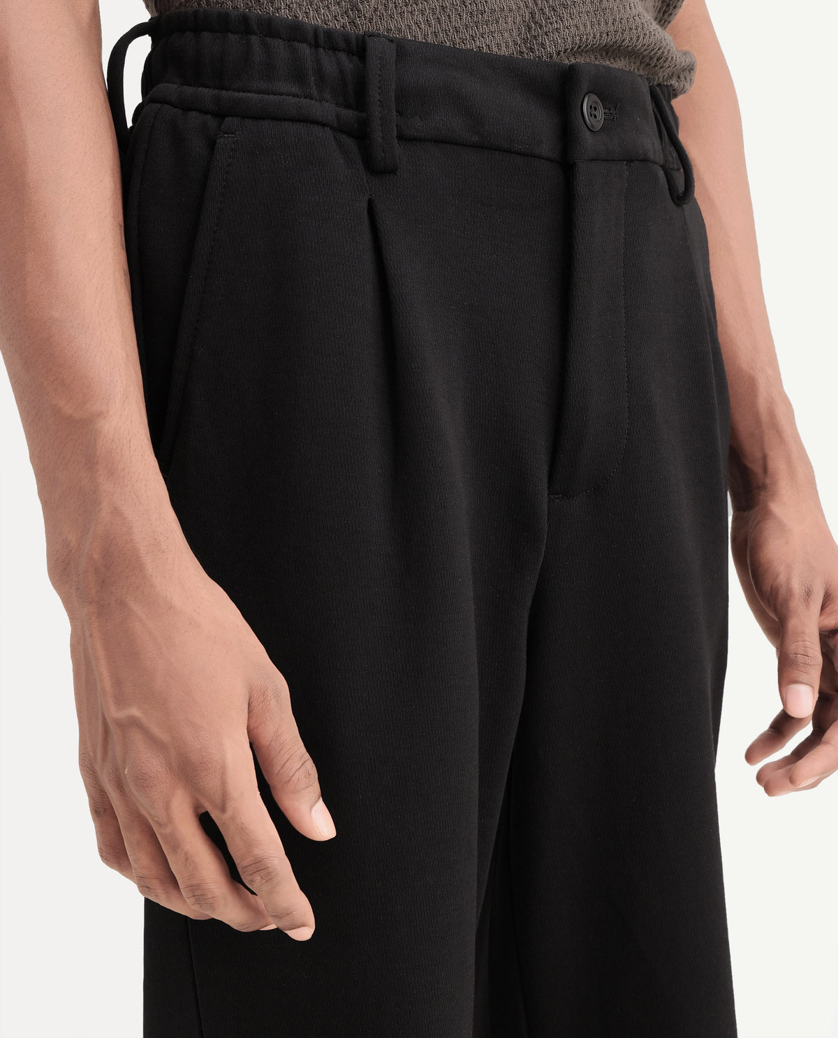Rare Rabbit Men's Zeko Black Cotton Blend Straight Plain Trouser
