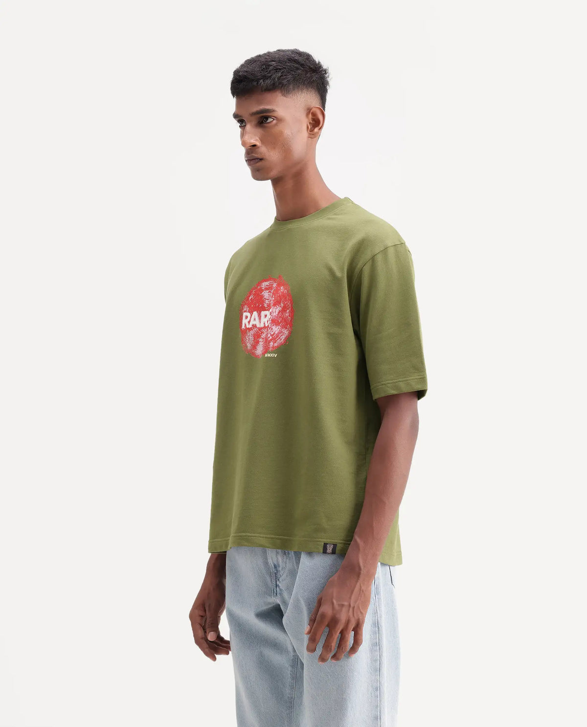 Rare Rabbit Men's Solane Dusky Olive Cotton Crew Neck Relaxed Graphic Print T-Shirt