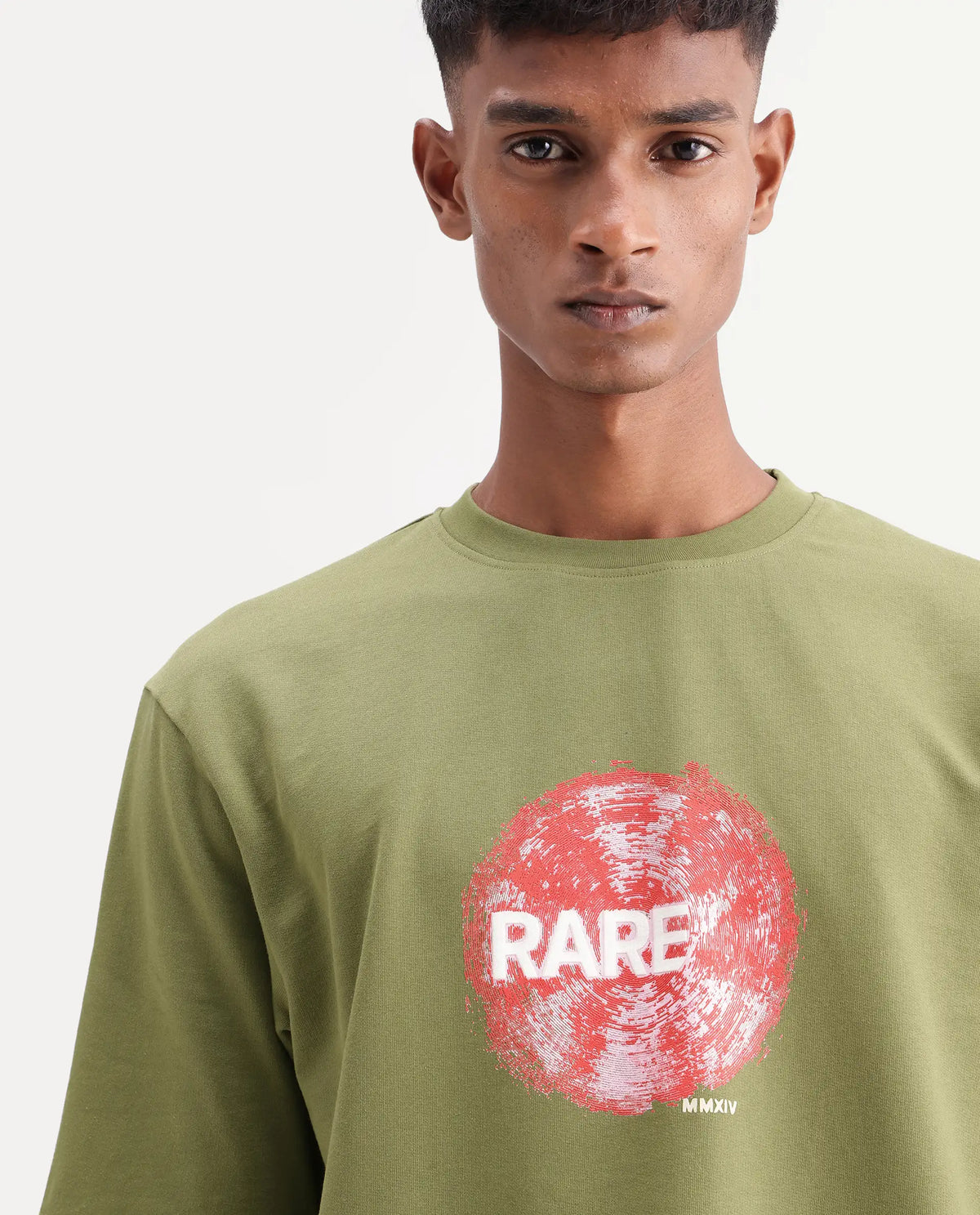 Rare Rabbit Men's Solane Dusky Olive Cotton Crew Neck Relaxed Graphic Print T-Shirt
