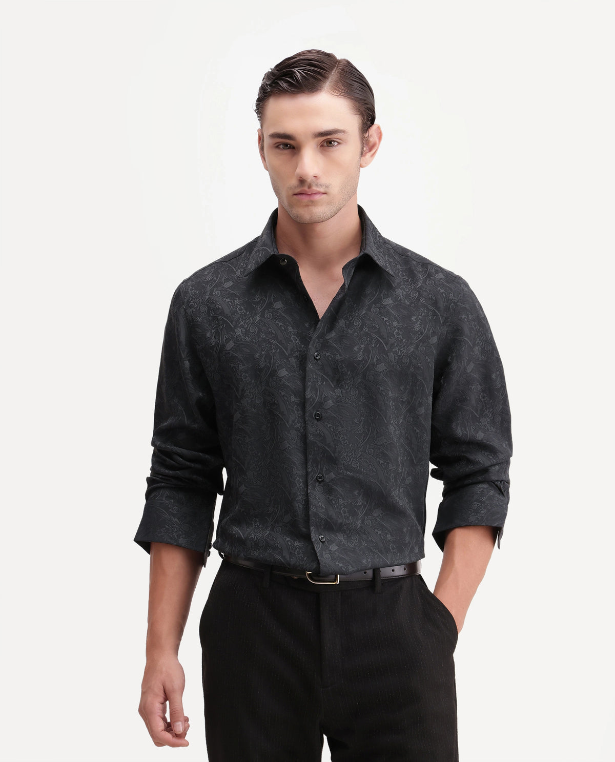 Rare Rabbit Men's Tex Dark Grey Polyester Blend Spread Collar Regular Jacquard Shirt