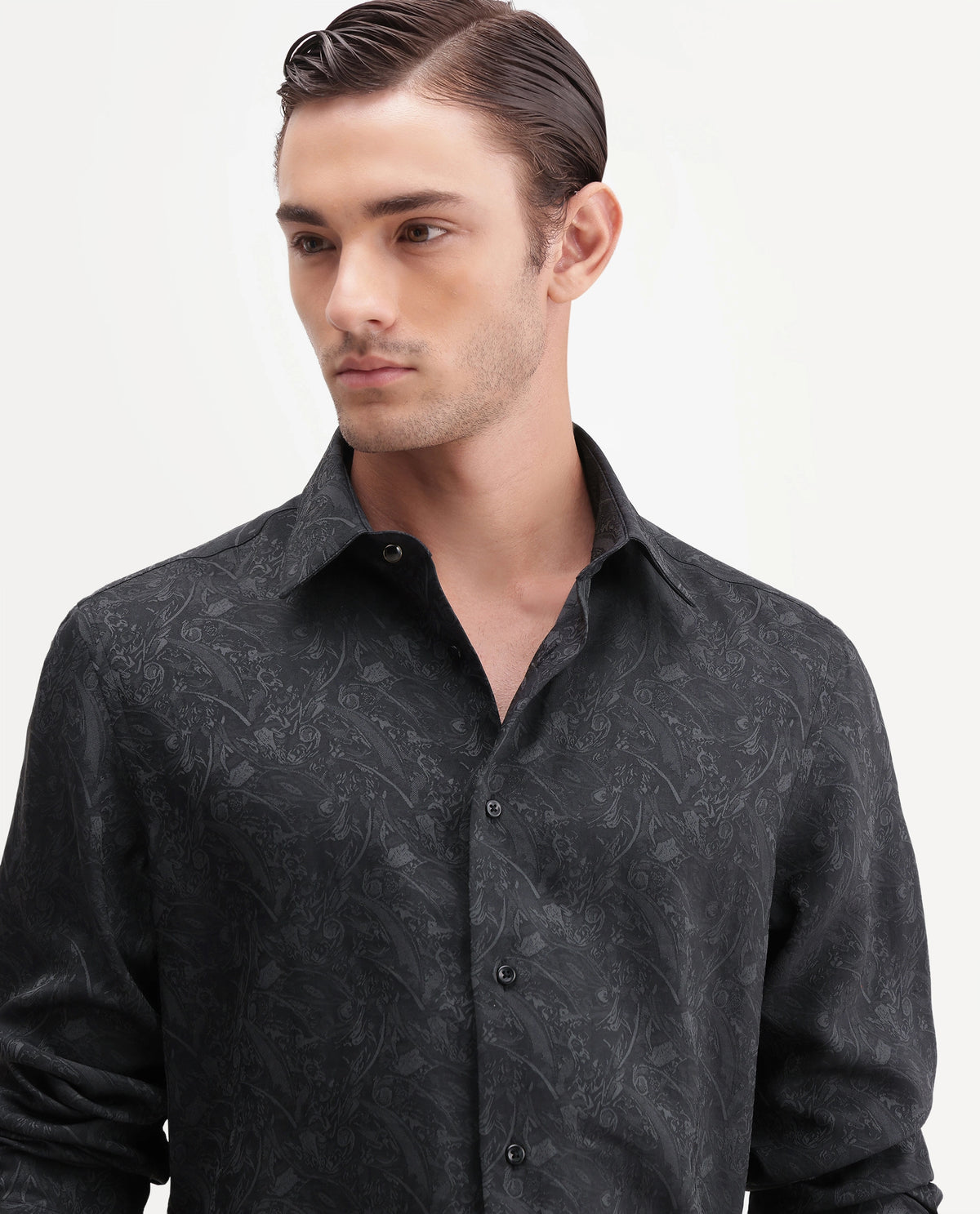 Rare Rabbit Men's Tex Dark Grey Polyester Blend Spread Collar Regular Jacquard Shirt