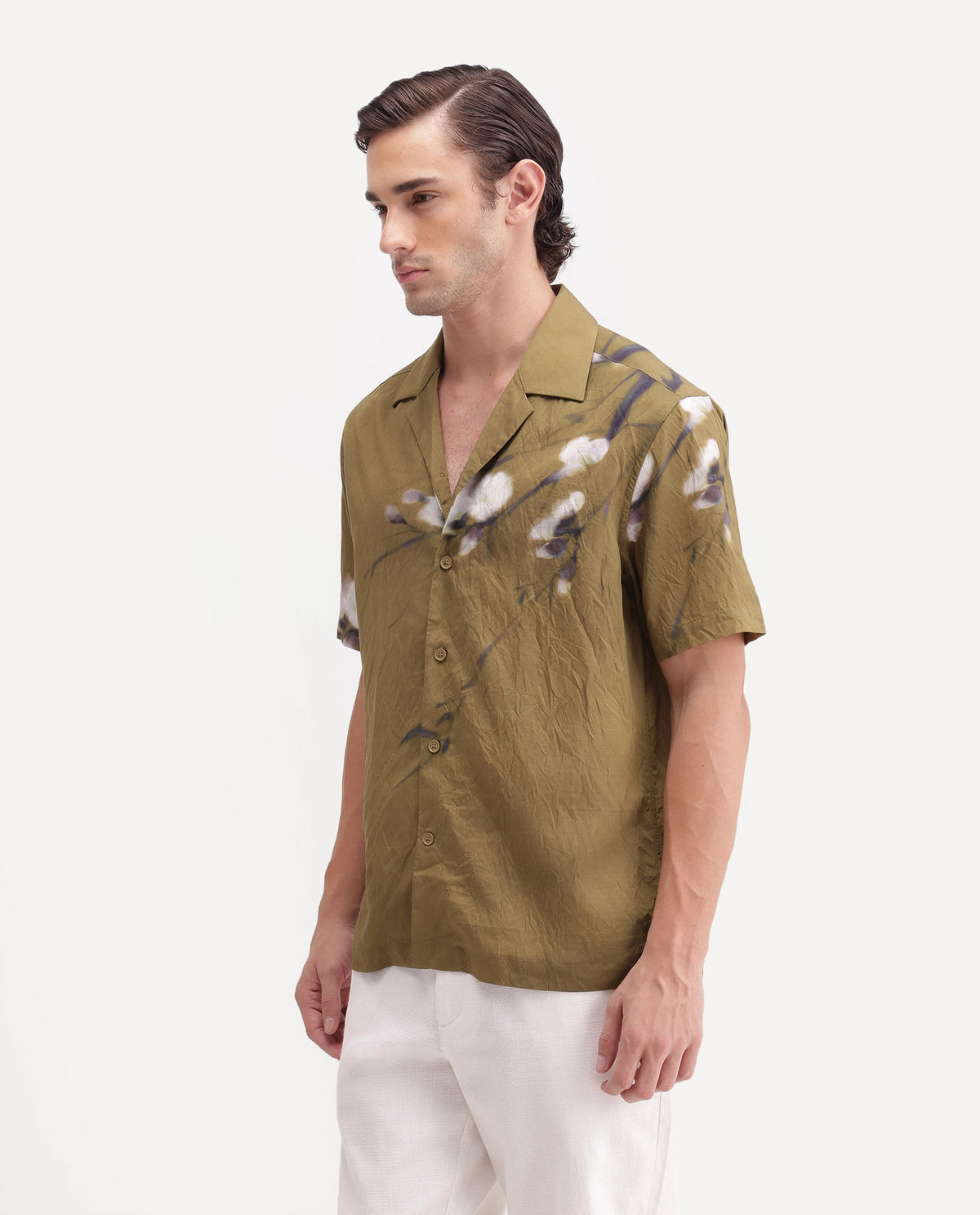 Rare Rabbit Men's Zovek-26 Light Green Viscose Blend Cuban Collar Relaxed Floral Print Shirt