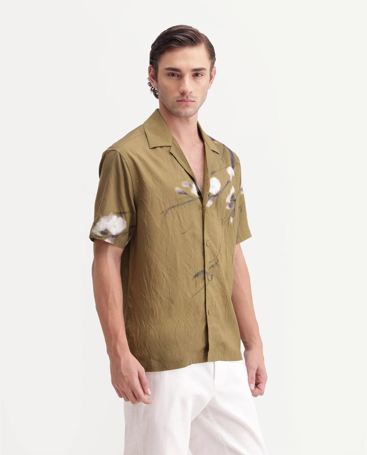 Rare Rabbit Men's Zovek-26 Light Green Viscose Blend Cuban Collar Relaxed Floral Print Shirt