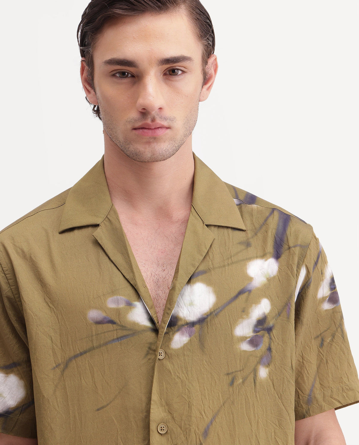 Rare Rabbit Men's Zovek-26 Light Green Viscose Blend Cuban Collar Relaxed Floral Print Shirt