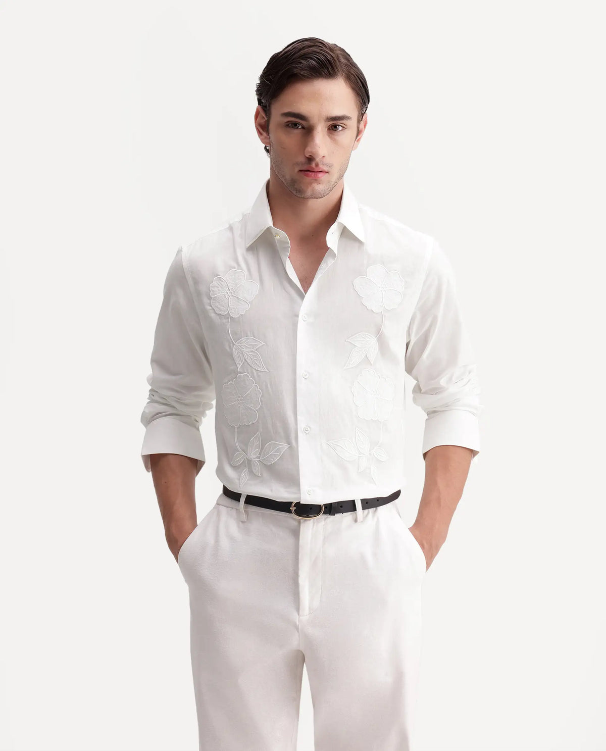 Rare Rabbit Men's Flom White Cotton Spread Collar Regular Embroidered Shirt