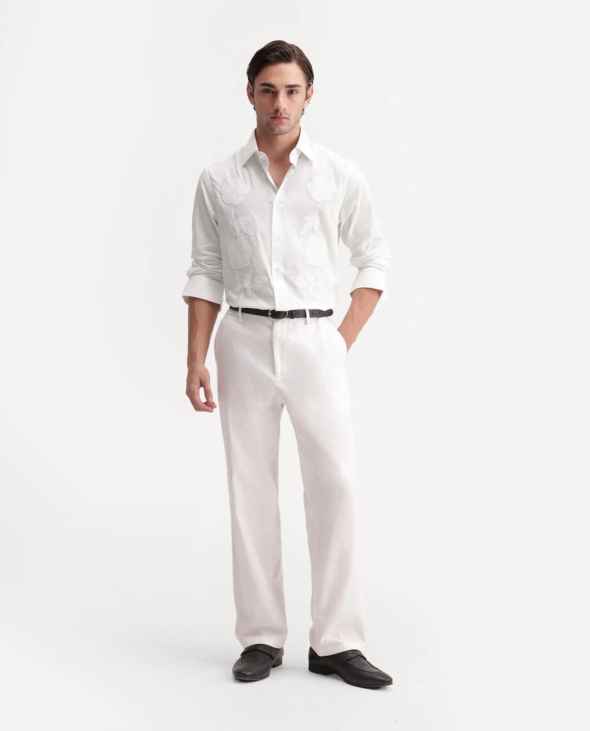 Rare Rabbit Men's Flom White Cotton Spread Collar Regular Embroidered Shirt