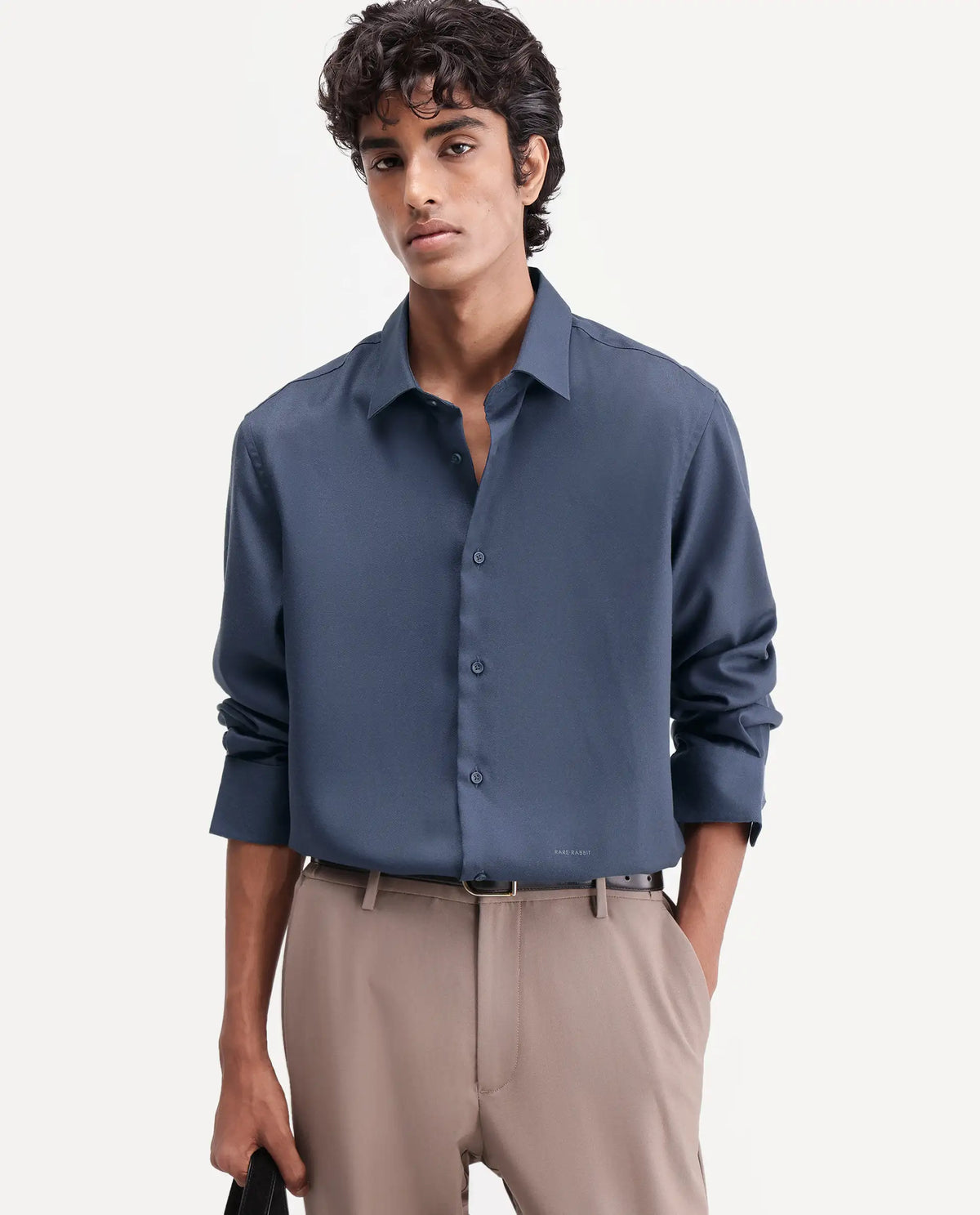 Rare Rabbit Men's Pare Blue Cotton Blend Button-Down Collar Regular Plain Shirt