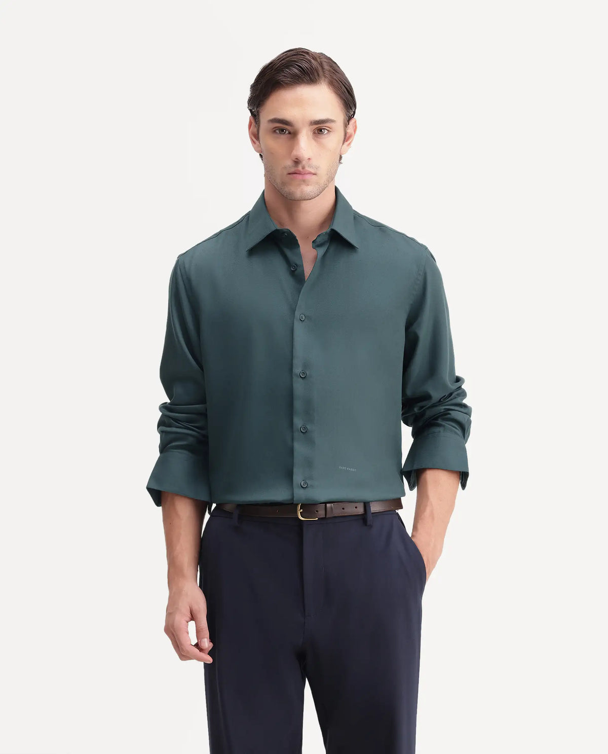 Rare Rabbit Men's Pare Teal Cotton Blend Button-Down Collar Regular Plain Shirt