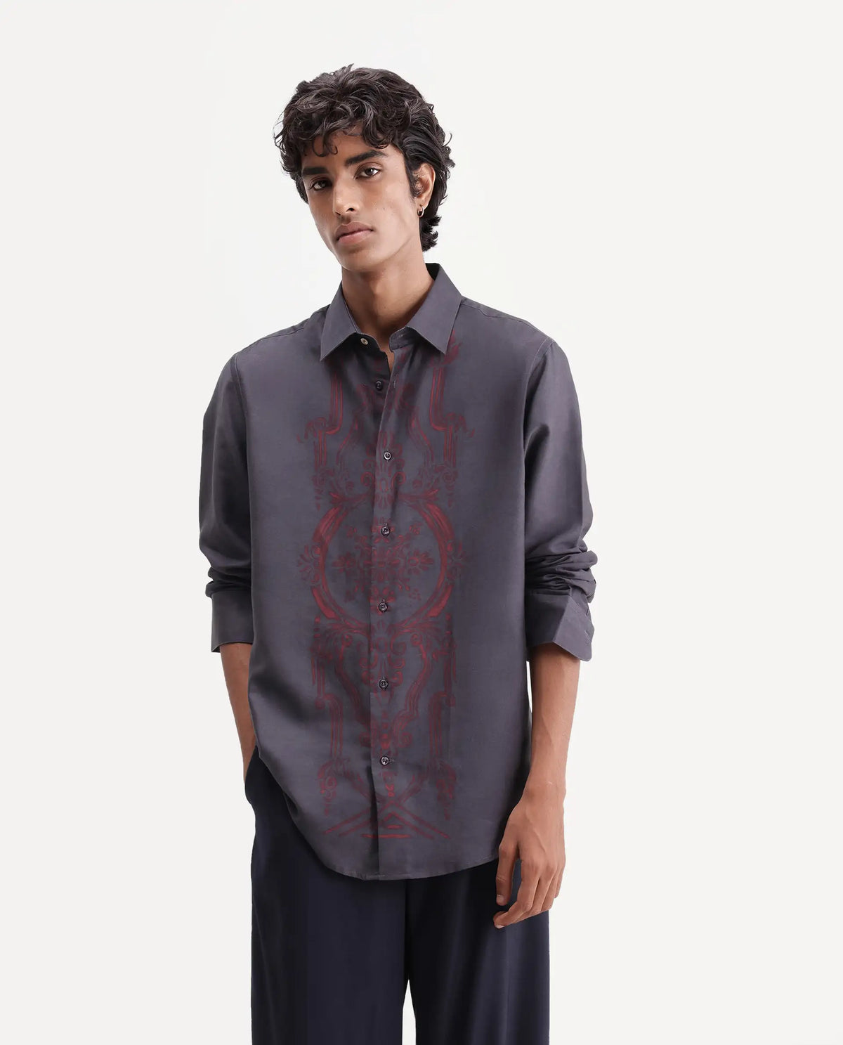 Rare Rabbit Men's Darko Dark Grey Cotton Blend Spread Collar Regular Geometric Print Shirt