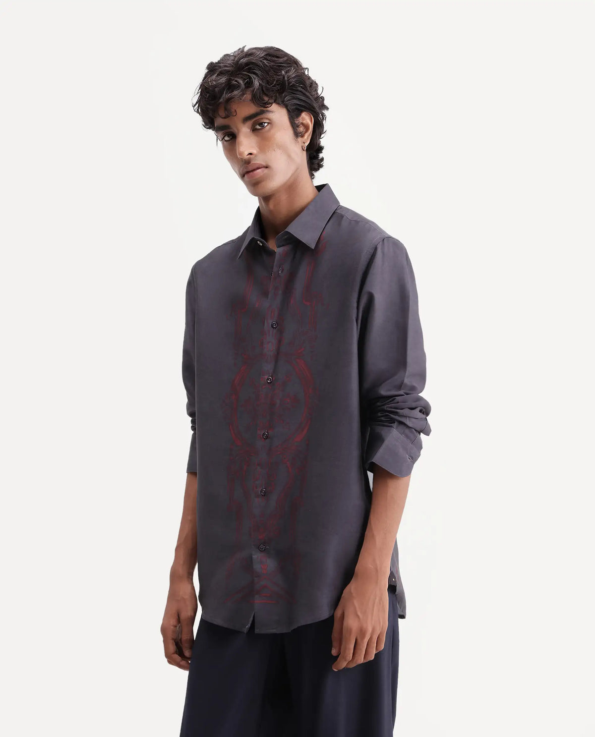 Rare Rabbit Men's Darko Dark Grey Cotton Blend Spread Collar Regular Geometric Print Shirt