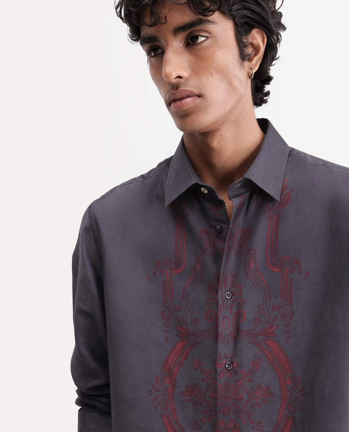 Rare Rabbit Men's Darko Dark Grey Cotton Blend Spread Collar Regular Geometric Print Shirt