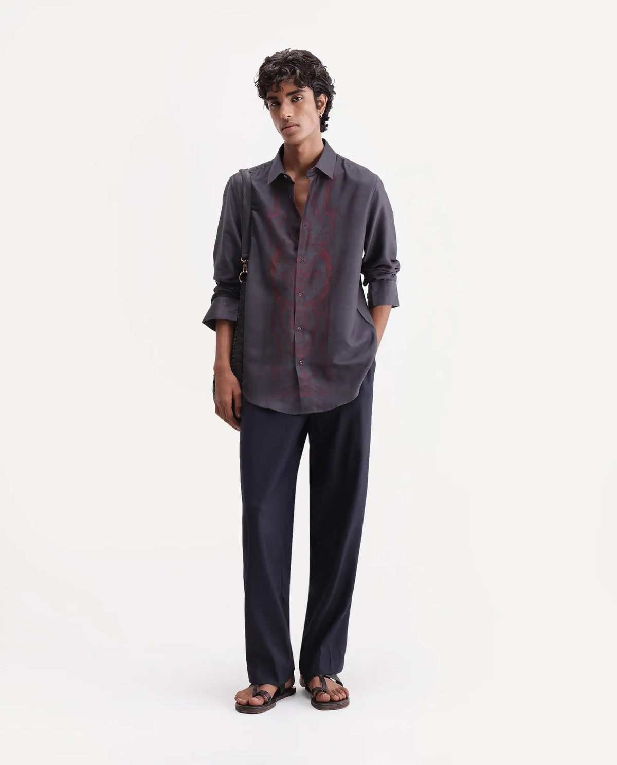 Rare Rabbit Men's Darko Dark Grey Cotton Blend Spread Collar Regular Geometric Print Shirt