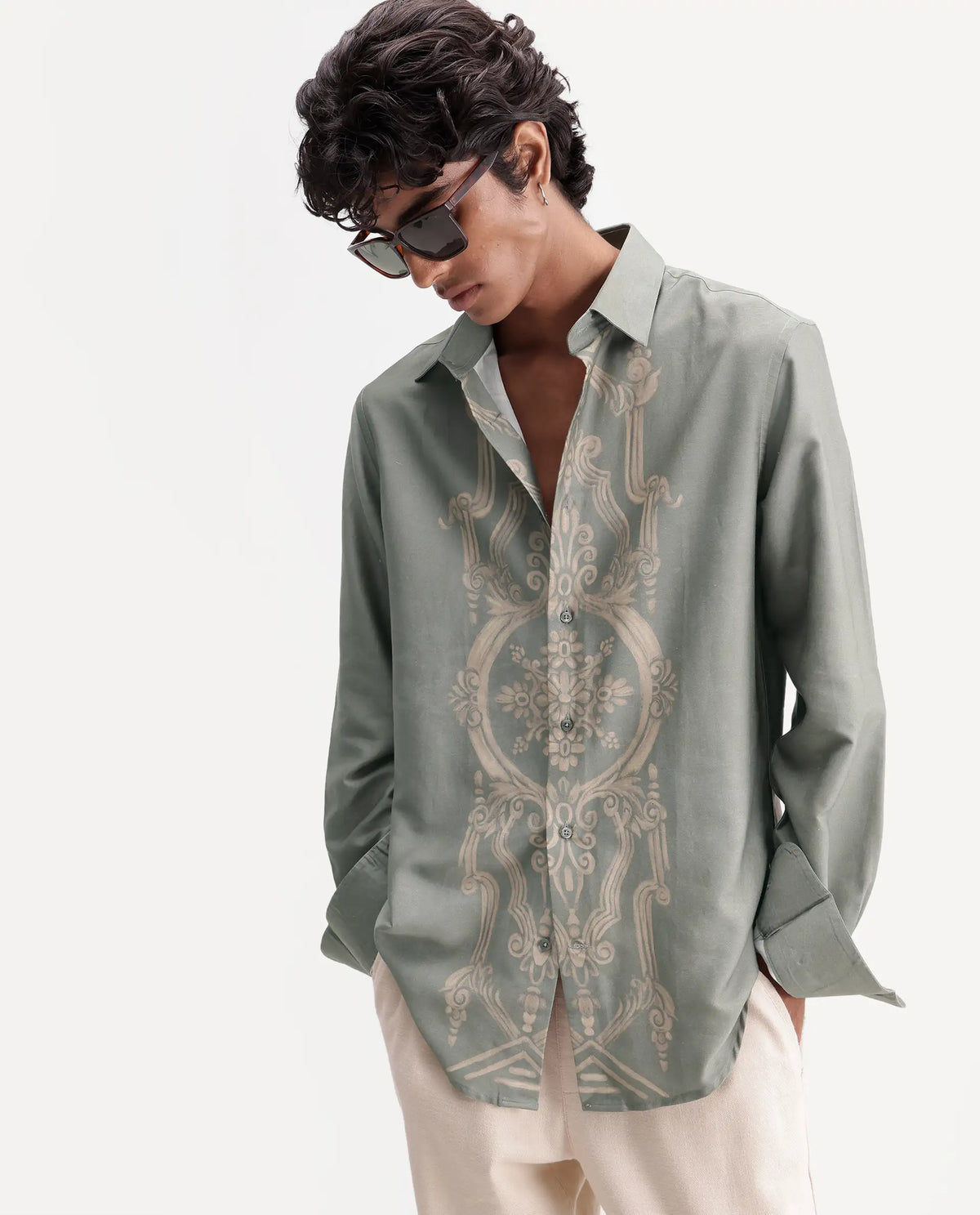 Rare Rabbit Men's Darko Light Green Cotton Blend Spread Collar Regular Geometric Print Shirt
