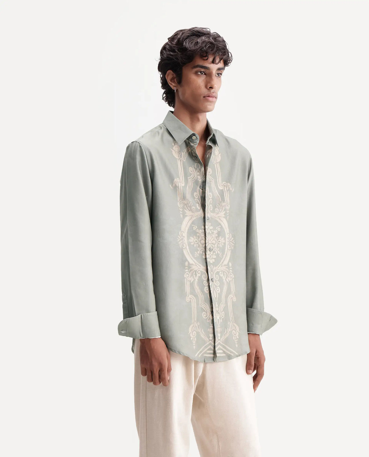 Rare Rabbit Men's Darko Light Green Cotton Blend Spread Collar Regular Geometric Print Shirt